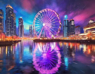 Wall Mural - urban landscape with intense blues, purples, and pinks, featuring a Ferris wheel, illuminated high-rise buildings reflecting on water - generated by ai