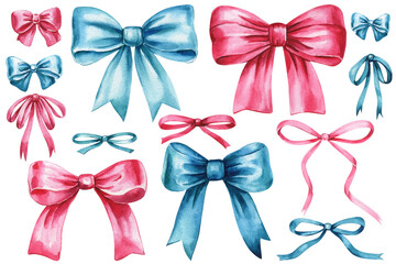 watercolor pink and blue bows illustration, hand-painted ribbons isolated on white background, cute decorative elements