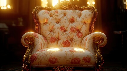 Wall Mural - A vintage floral armchair bathed in warm sunlight.