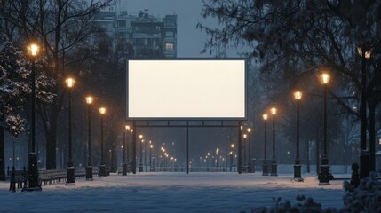 Poster - A tranquil winter evening in a snowy park features a large empty billboard surrounded by lamplights along a quiet path. The atmosphere is serene as snow blankets the ground and trees.