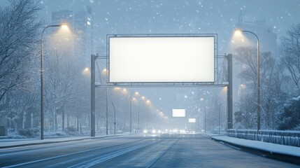 Poster - Snow gently falls on a deserted street, with empty billboards standing silent as cars slowly pass. The scene conveys a tranquil winter evening in an urban landscape, illuminated by streetlights.