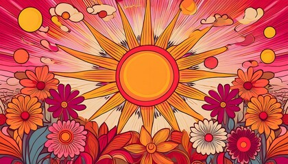 Poster -  Vintage background features a sun and flowers set against a pink yellow red color palette w_1(1891)