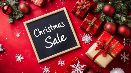 Fototapete - A black chalkboard with white chalk writing announcing a Christmas sale sits on a red background.