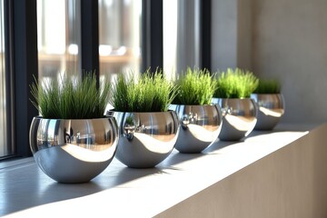 Sticker - minimalist home decor, minimalist silver planters neatly displayed on a white console table in a sunlit, spacious interior