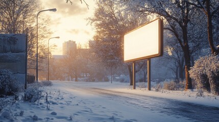 Poster - A tranquil winter landscape features a snow-covered street lined with leafless trees. A vacant billboard stands against the golden light of a setting sun, casting a serene atmosphere in the cold.