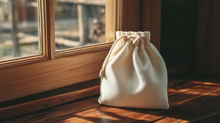 Wall Mural - A small white drawstring bag sits on a wooden windowsill in a sunlit room.