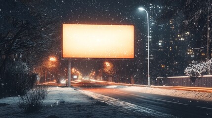 Poster - In a quiet urban setting, a large, blank billboard stands prominently on a snowy night.