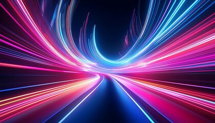 Poster -  Neon light trails curve across a blue and pink abstract road speed background, ideal fo_1(1483)