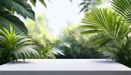 Poster -  Minimalist design features a white concrete tabletop with a tropical plant backdrop set_1(1456)