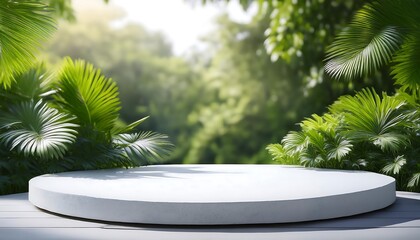Poster -  Minimalist design features a white concrete tabletop with a tropical plant backdrop set in _1(1455)