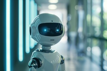 Poster - White humanoid robot standing in futuristic environment with blue lights, exploring artificial intelligence concept