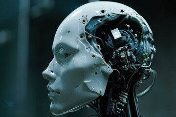 Poster - white humanoid robot head with exposed circuitry showing artificial intelligence technology