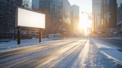 Poster - A quiet city street blanketed in snow is illuminated by the warm glow of sunrise.