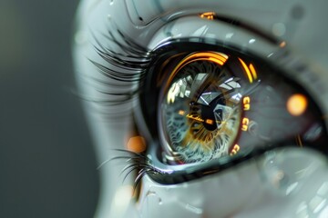 Poster - Close up of a futuristic eye with orange lights, suggesting the rise of sentient machines