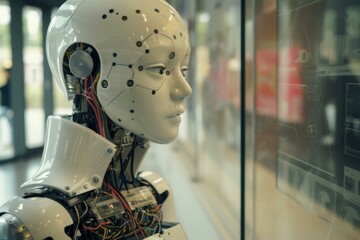 Poster - White humanoid robot looking at a futuristic digital interface in a bright atmosphere