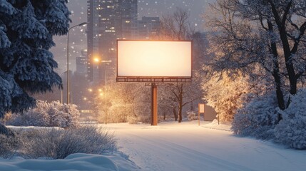 Poster - A blank billboard, with a warm light emanating from its surface, is positioned in the middle of a snow-covered road. The road is flanked by snow-laden trees and bushes.