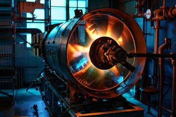Poster - Industrial machine with a rotating part generating an orange light effect in a factory