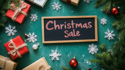 Poster - A green surface is decorated with Christmas decorations including red and brown wrapped gifts, pine branches, white snowflakes, and red ornaments.