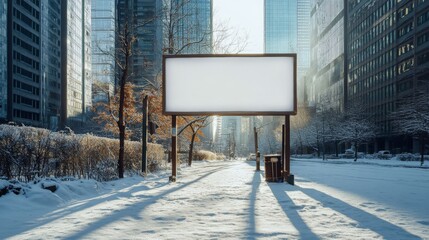 Poster - A snowy street in a city at dawn, with tall glass buildings surrounding a blank billboard. Sunlight casts long shadows across the white ground, creating a serene winter atmosphere.