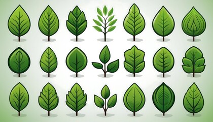 Aufkleber -  A set of green leaf icons featuring leaves of trees and plants on a white background, symbo_1(573)