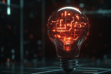 Poster - This stunning image shows a glowing light bulb with intricate microcircuit designs on a dark background, representing cuttingedge technology and ongoing innovation in todays world