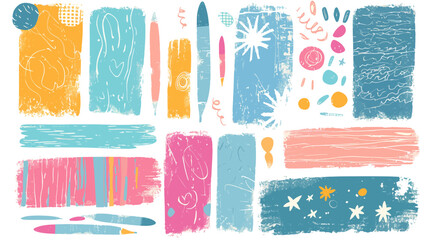 Wall Mural - Collection of colorful brush strokes and splatters. Some of the brush strokes are pink, blue, and yellow flat vector illustration