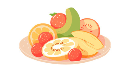 Wall Mural - Plate of fruit including a kiwi, orange, and strawberry. The kiwi is cut in half and the orange is sliced flat vector illustration