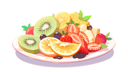 Wall Mural - Plate of fruit including kiwi, oranges, and strawberries. The kiwi is cut in half flat vector illustration