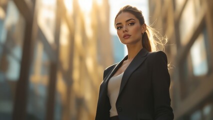 Confident Business Woman in Urban City Environment at Sunset