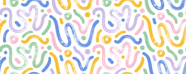 Poster - Pastel colored wavy and squiggle seamless pattern with dots and circles. Brush drawn abstract bold thick doodle lines. Simple childish scribble wrapping paper. Abstract modern fluid dynamic waves.