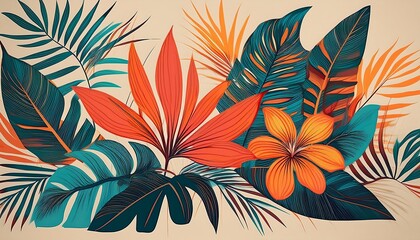 Poster -  Vibrant tropical leaves and flowers on a cream background create a beautiful and trendy_1(1882)