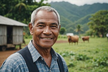 Close portrait of a smiling senior Marshallese male farmer standing and looking at the camera, outdoors Marshallese rural blurred background