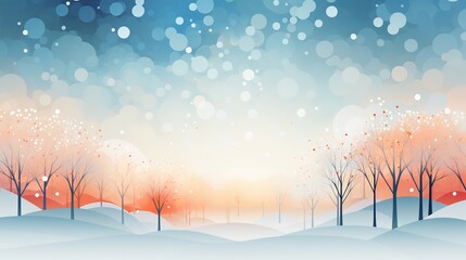 Wall Mural - winter background with snowy trees and sky during sunset, snowing