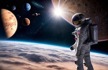 Wall Mural - an astronaut in outer spaceю the planets of solar system. view from the back of an astronaut in a sp