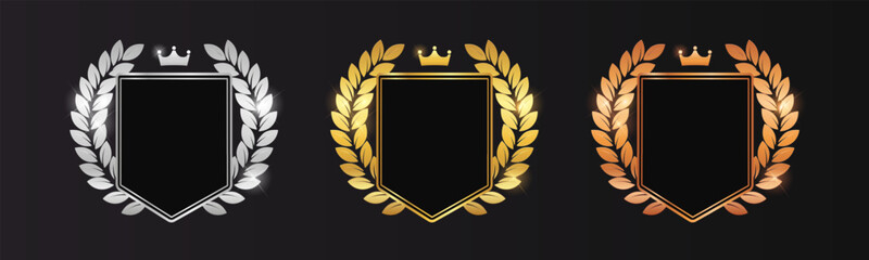 Wall Mural - Golden silver and bronze medal set with laurel wreath. Award icon, winner trophy emblem. Vector EPS 10