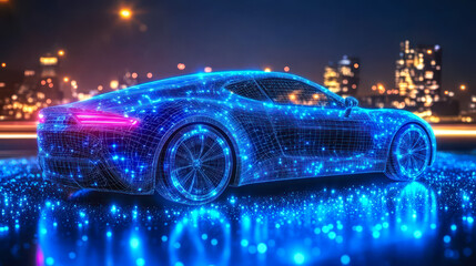 Poster - Futuristic Digital Self-Driving Car with Glowing Data Stream Showcasing AI in Autonomous Vehicle Tech