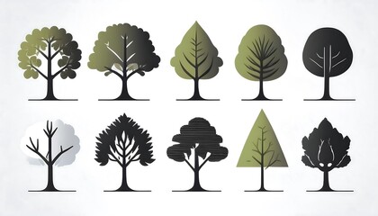 Aufkleber -  Modern flat style tree icons and vector silhouettes of trees are set against a simple white_1(1470)