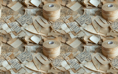 Poster - A collection of textured, aged papers and twine, arranged aesthetically to highlight their rustic charm and tactile quality. Seamless pattern