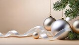  Christmas scene with silver gold ornaments, fir tree branches, and white ribbons on beige b_1(987)