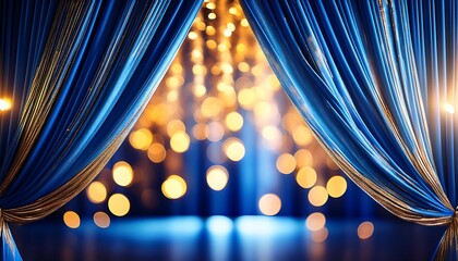 Aufkleber -  Blue curtains with golden bokeh lights create a blurred background for elegant and magi_1(942)