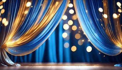 Aufkleber -  Blue curtains with golden bokeh lights create a blurred background for elegant and magical _1(941)