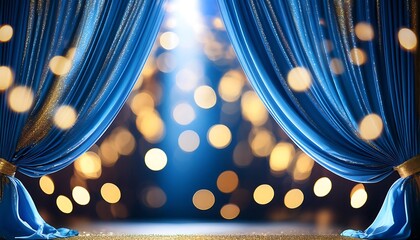 Aufkleber -  Blue curtains with golden bokeh lights create a blurred background for elegant and magical _1(940)