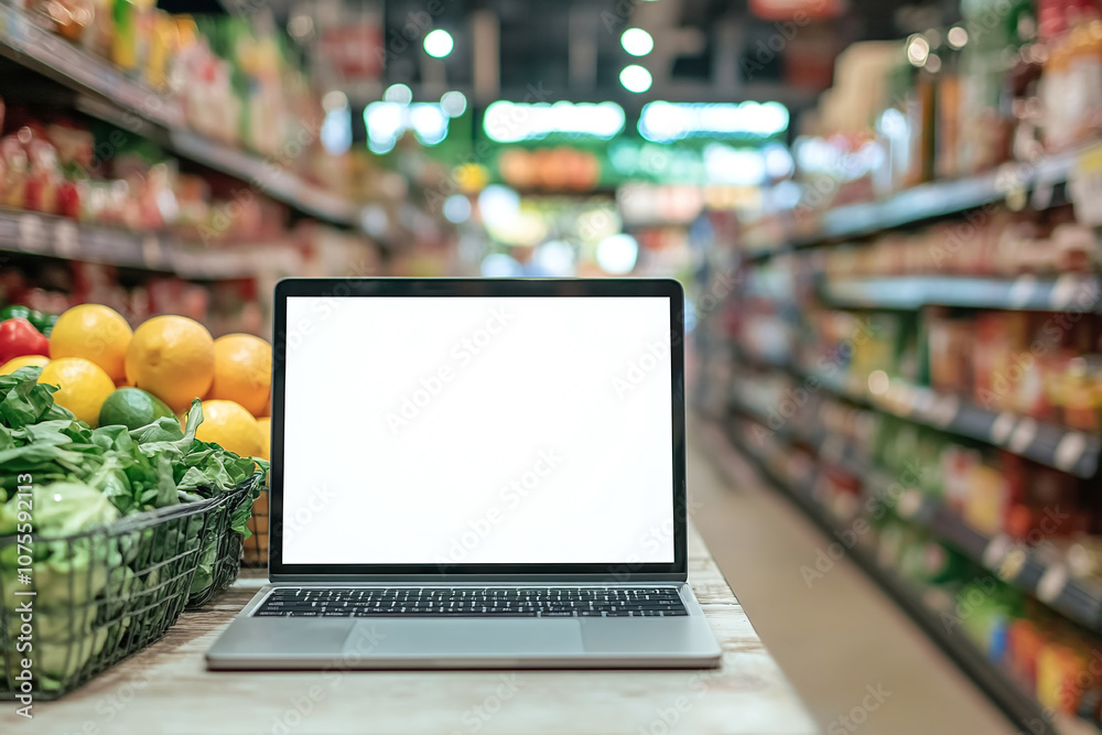 Blank laptop screen on wooden table on supermarket or grocery shop ...