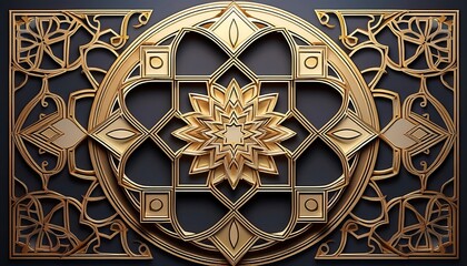 Aufkleber -  Beige and gold Islamic geometric pattern features ornate design on dark background suitable_1(892)