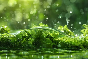 Poster - Fresh green leaves submerged in clean water with air bubbles on sunny day, concept for environment, nature or healthy lifestyle