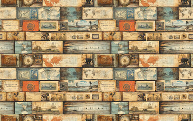 Poster - A textured background featuring a mosaic of vintage-inspired bricks in earthy tones and faded colors, creating a rustic and nostalgic feel. Seamless pattern