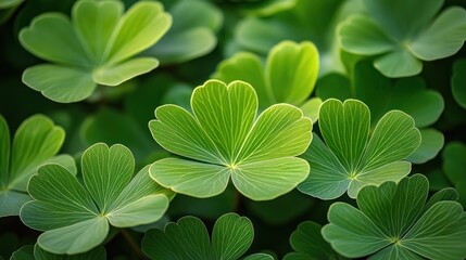 Wall Mural - Close-up of vibrant green clover leaves in a lush field.