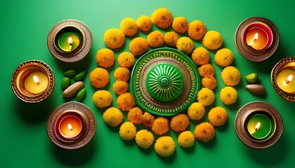Aufkleber -  A vibrant green color scheme adorns a Bright Diwali background with colorful rangoli design_1(753)