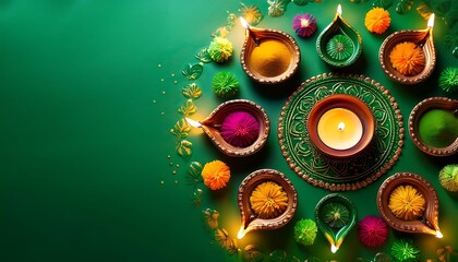 Aufkleber -  A vibrant green color scheme adorns a Bright Diwali background with colorful rangoli design_1(752)