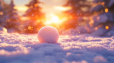 Poster - A perfect snowball sits in the snow during a golden hour sunset in a winter forest